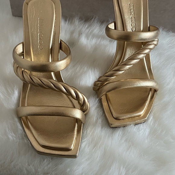 NWT  Jimmy Choo Diosa Gold Metallic Three Band Stiletto Heel Sandals - Picture 4 of 11